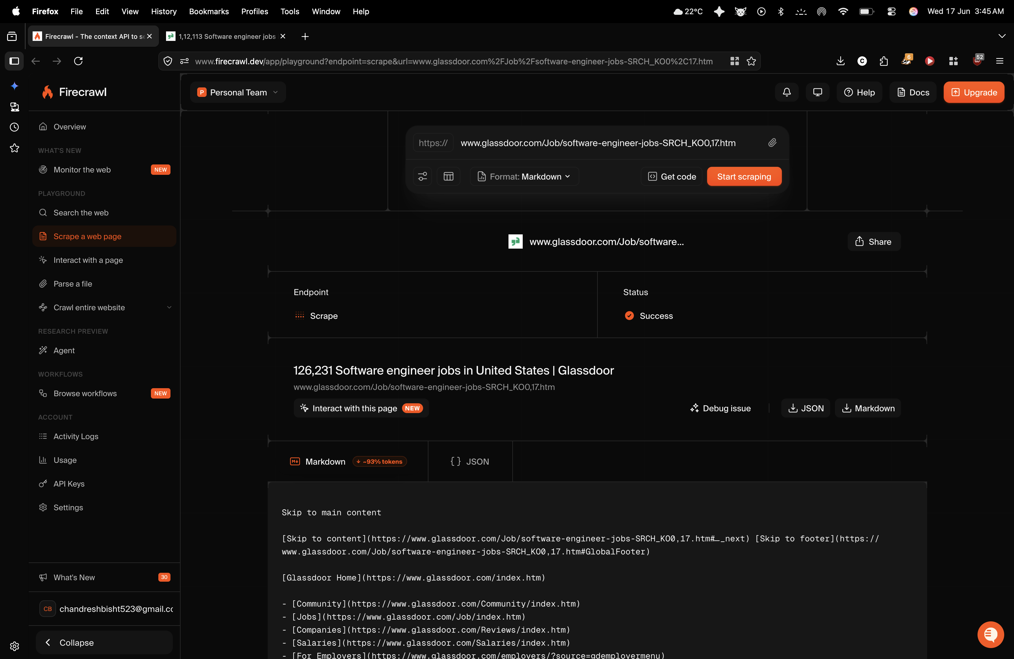 Output artifact for "Anti-Bot Protected Page Access" test: Firecrawl bypassed the protection layer and recovered the job listing, corporate profile name, salary estimates, and required skill arrays, but the result was interleaved with navigation buttons, search filters, login fields, and internal links., firecrawl_output_3.png